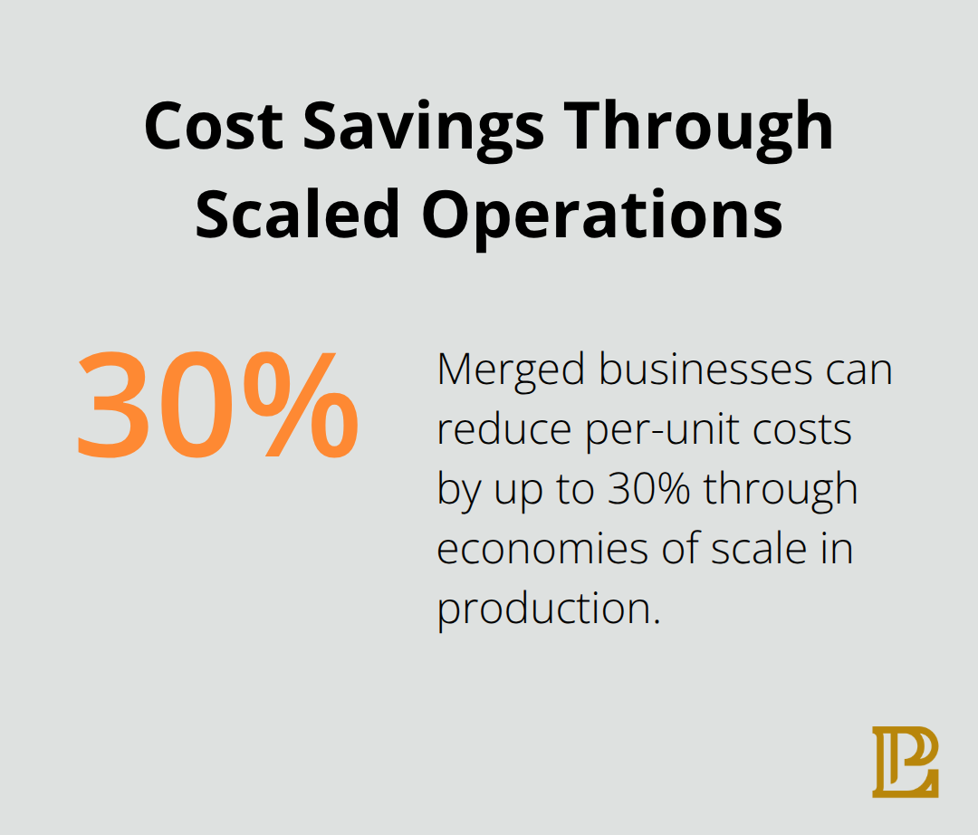 Chart illustrating up to 30% reduction in per-unit costs for merged businesses due to economies of scale - benefits of mergers and acquisitions