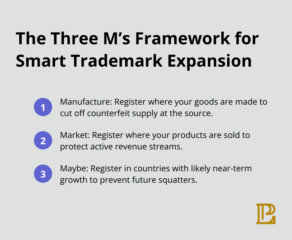 Ordered list showing the Three M’s: Manufacture, Market, Maybe, to prioritize trademark registrations. - brand protection strategies