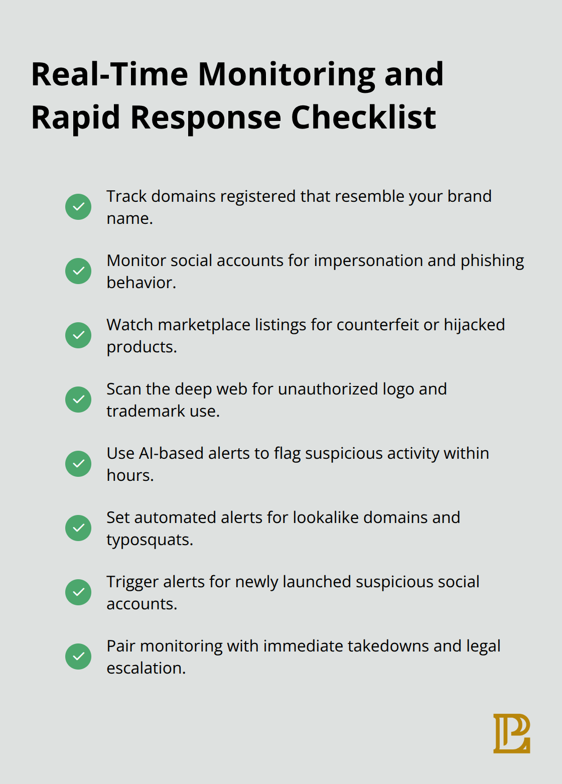 Checkmark list of monitoring and enforcement actions to detect and stop brand abuse quickly.