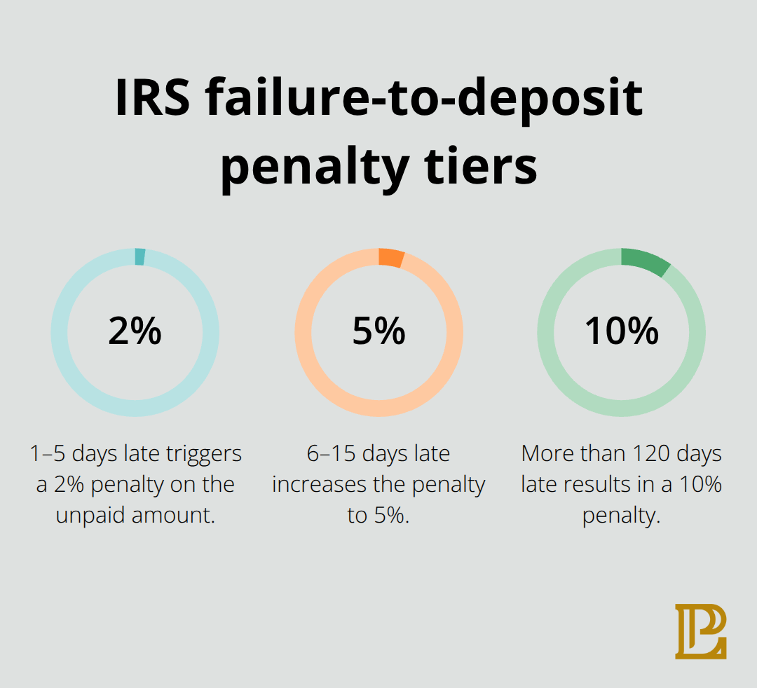 Percentage tiers for IRS payroll tax failure-to-deposit penalties - California corporate compliance summary