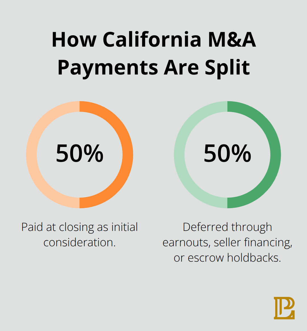 Chart showing a typical 50/50 split between closing payment and deferred consideration in California M&A deals - California M&A agreements