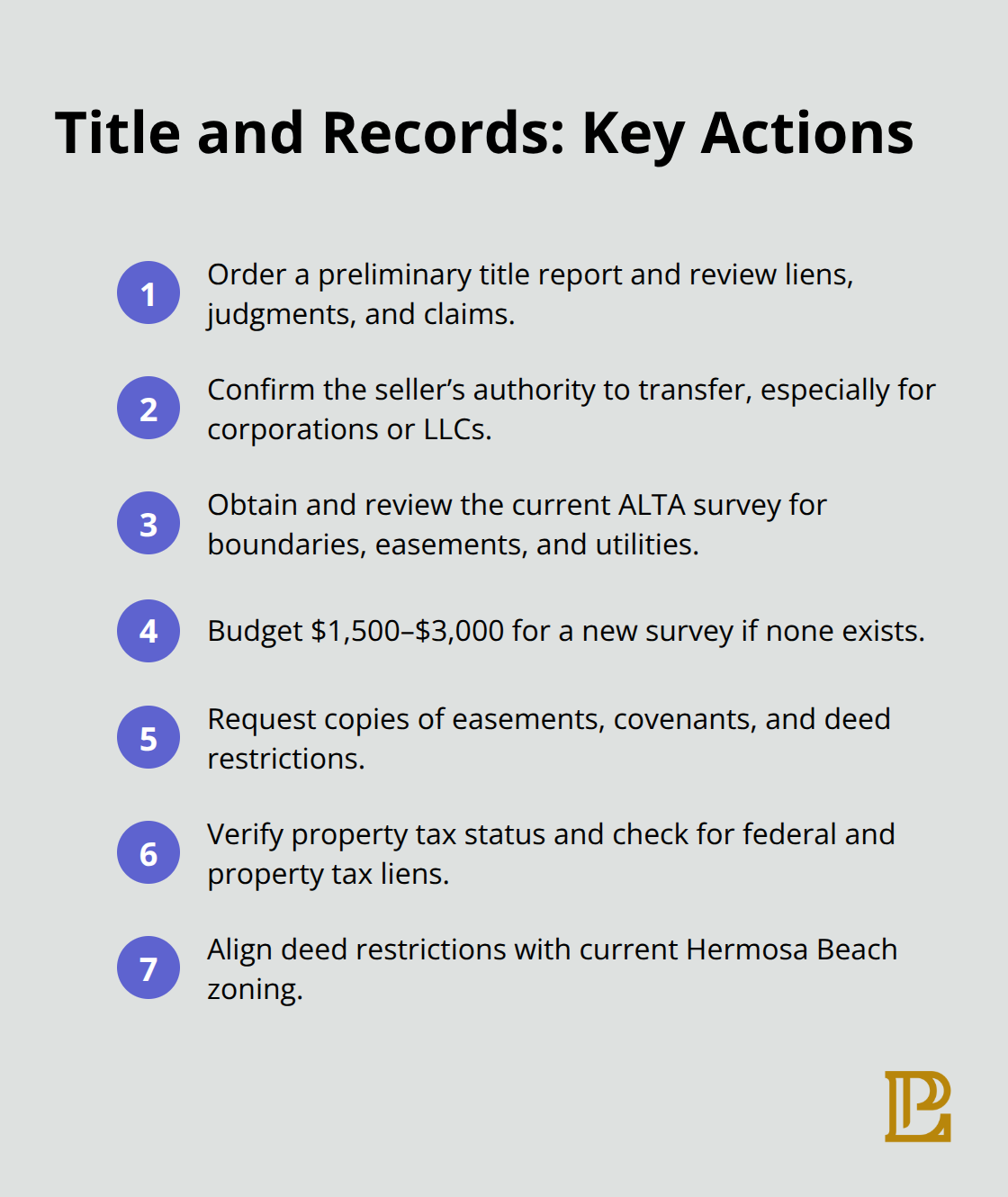 Key title review and property records actions for Hermosa Beach commercial purchases