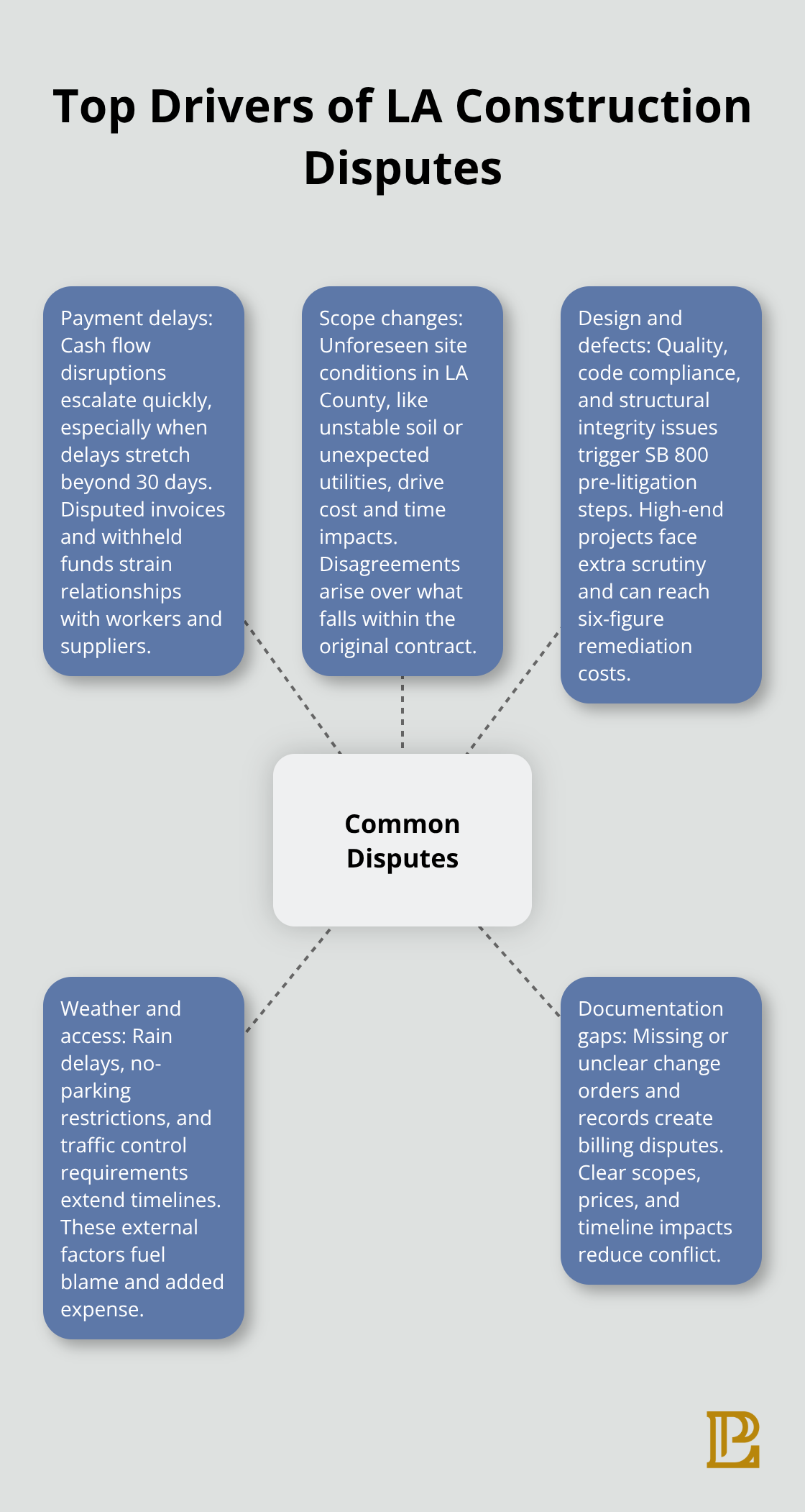 Visual of the main causes of construction disputes in Los Angeles with brief explanations. - Construction dispute resolution
