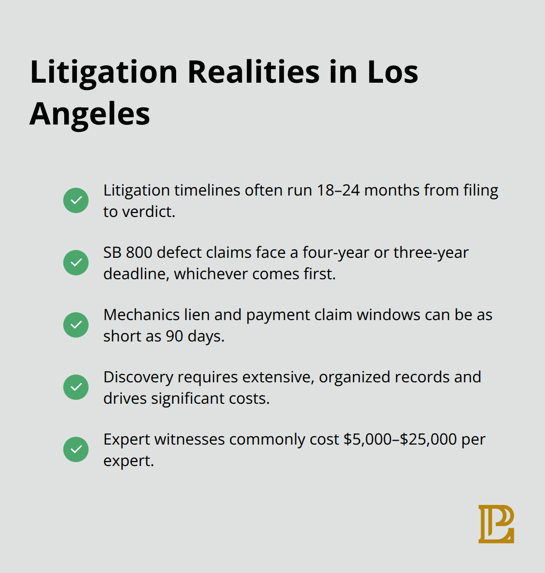 Key timelines, costs, and documentation needs when construction cases go to court in LA.