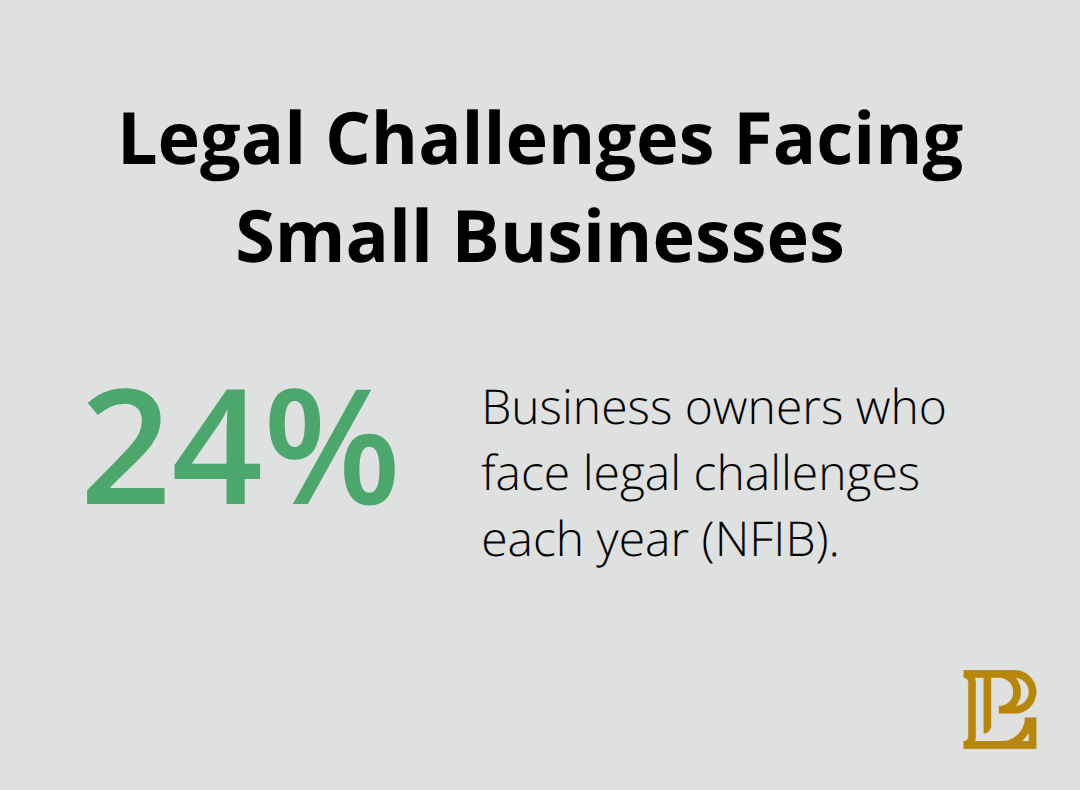 Percentage of business owners facing legal challenges annually - corporate and business law