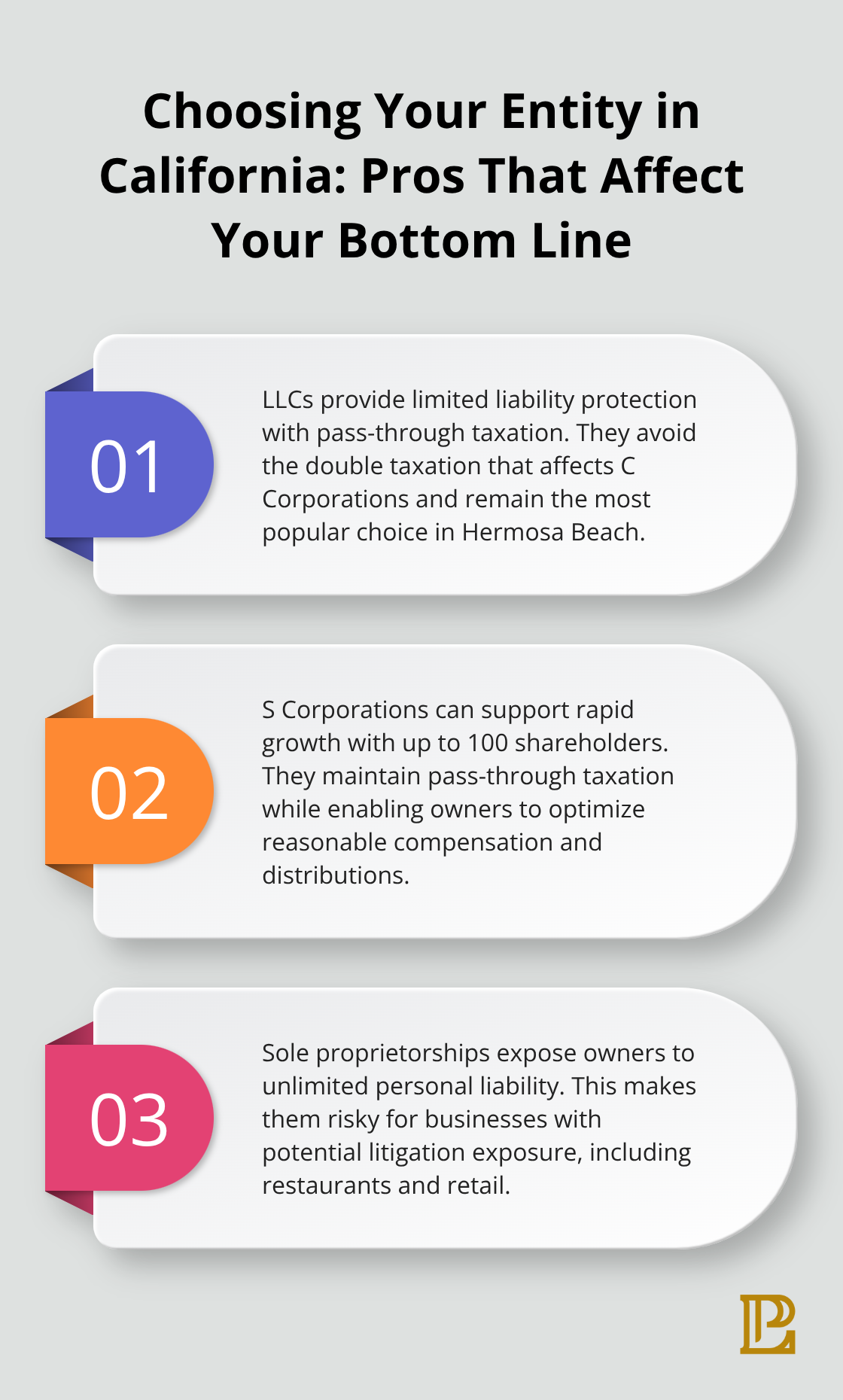 Three key entity choices for California businesses with practical pros and risks. - corporate commercial law