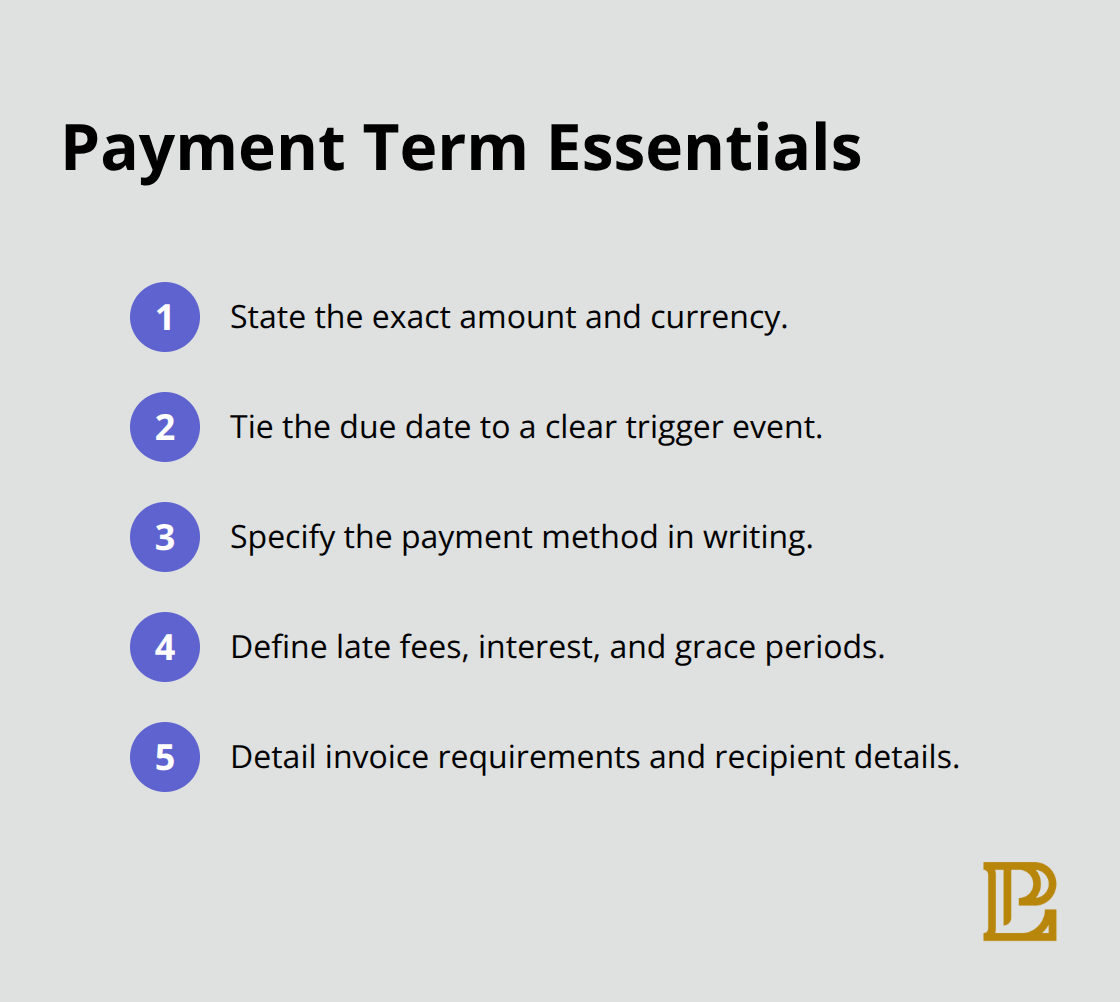 Compact checklist of precise payment term elements to prevent disputes - Corporate contract drafting