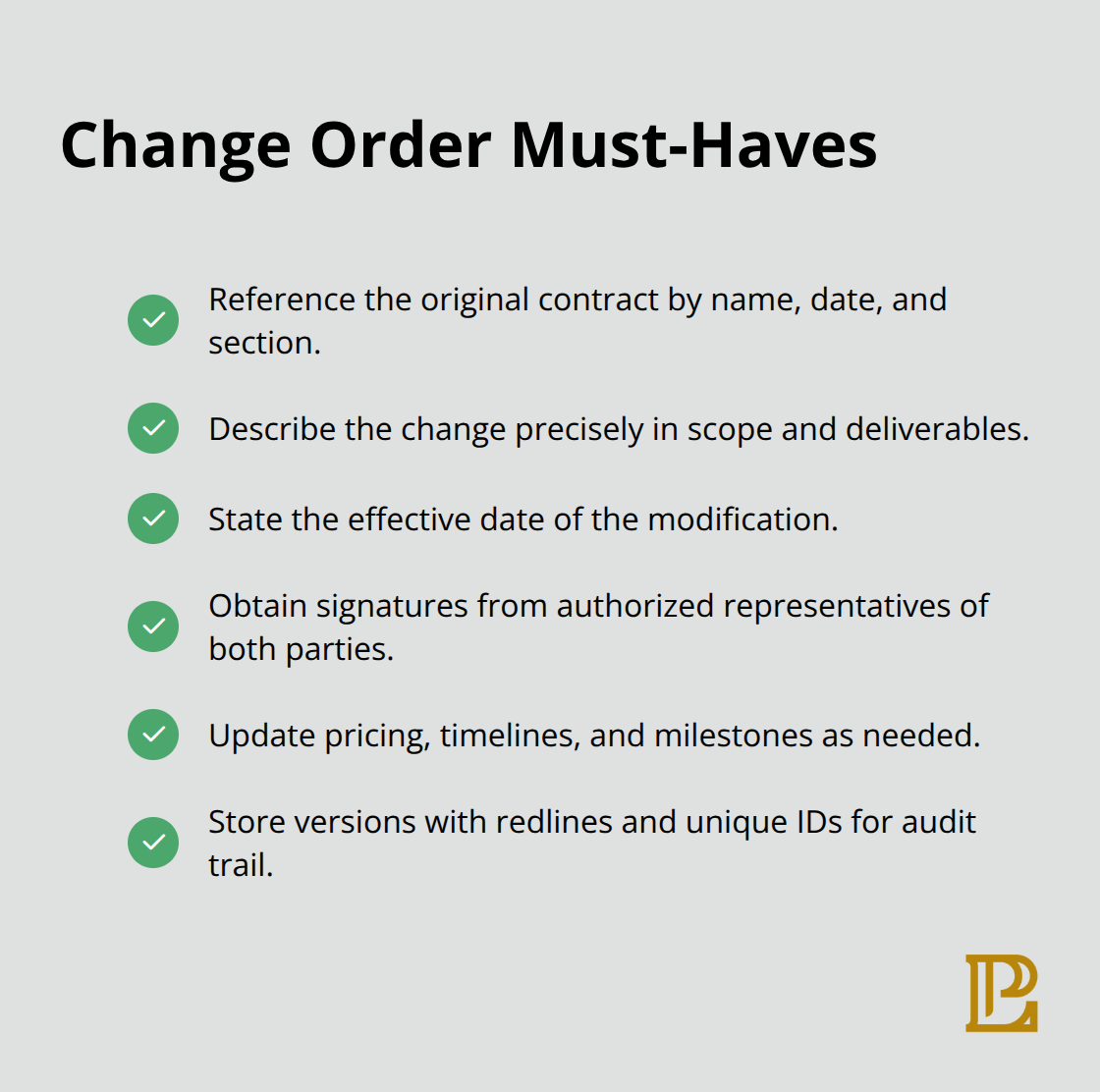 Checkmark list of key elements every change order should include