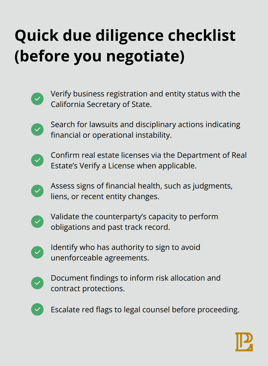 Checklist of key steps to vet the other party before contracting - corporate contract law