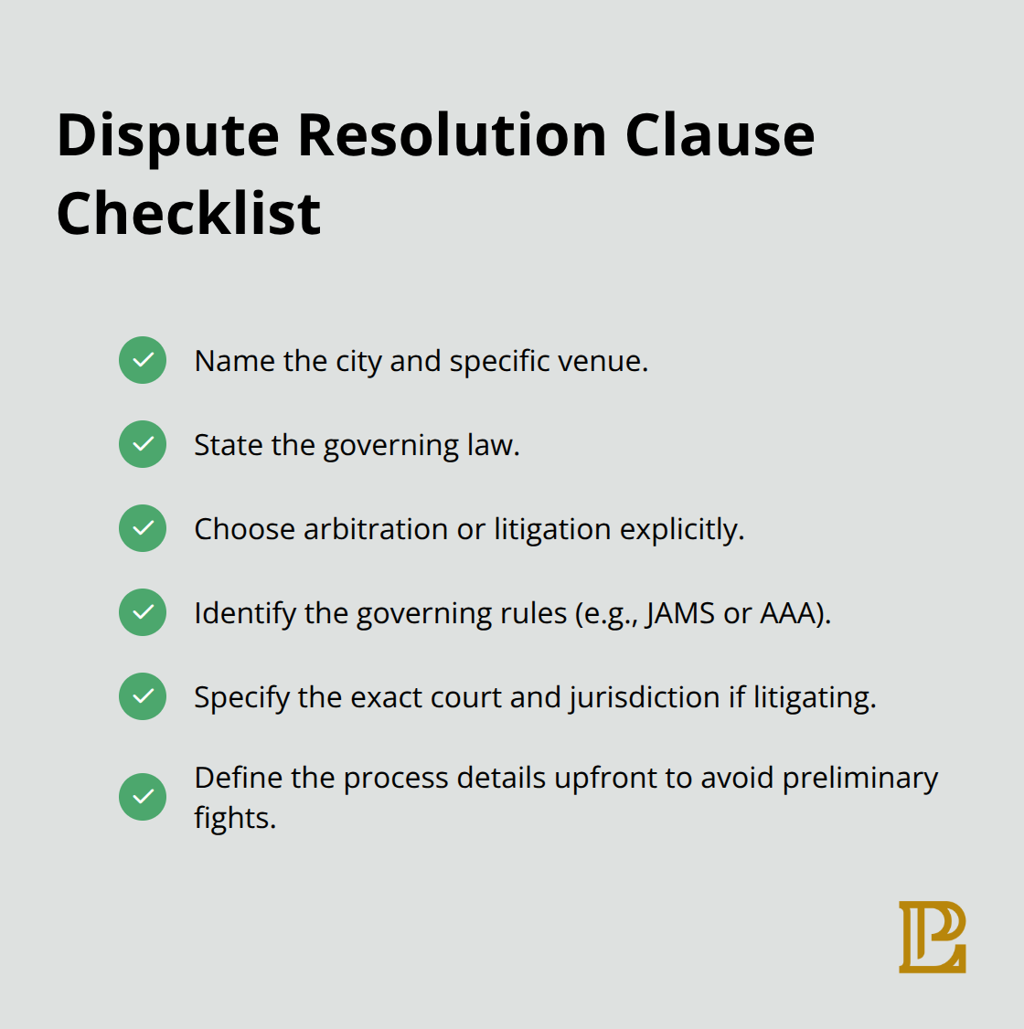 Checkmark list of the key dispute resolution details every contract should specify. - Corporate contracts California practice