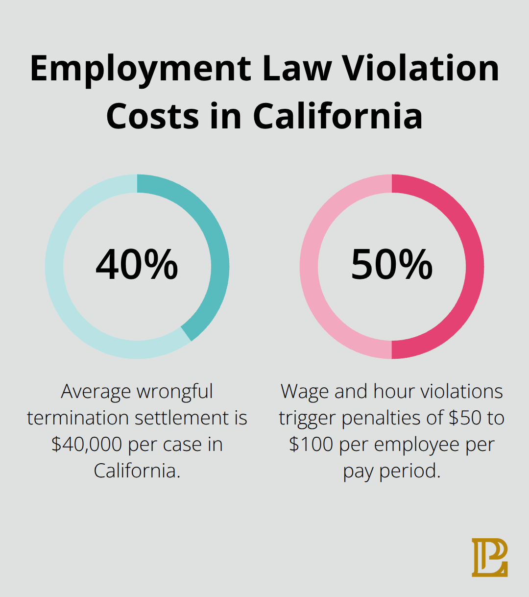 Chart showing the average cost of wrongful termination settlements and wage/hour violation penalties in California - corporate law attorney job description