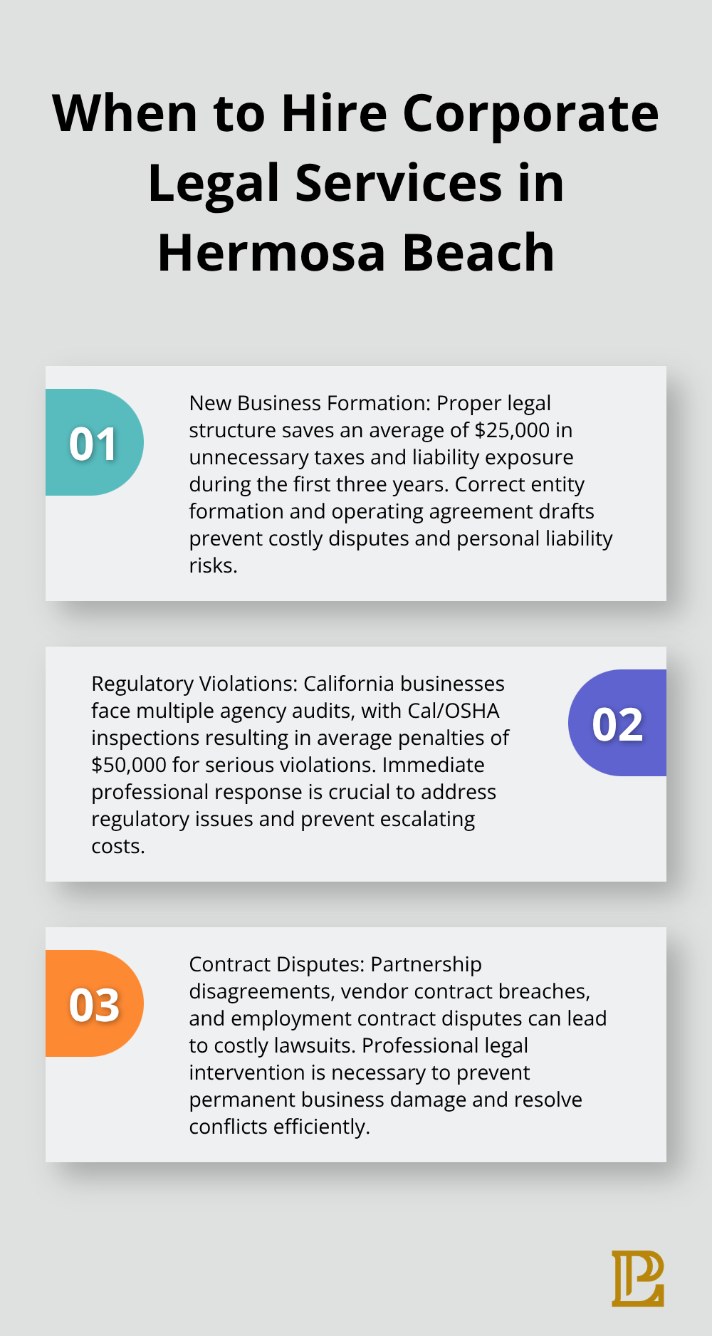 Ordered list chart showing three key situations when Hermosa Beach businesses should hire corporate legal services - corporate law attorney job description
