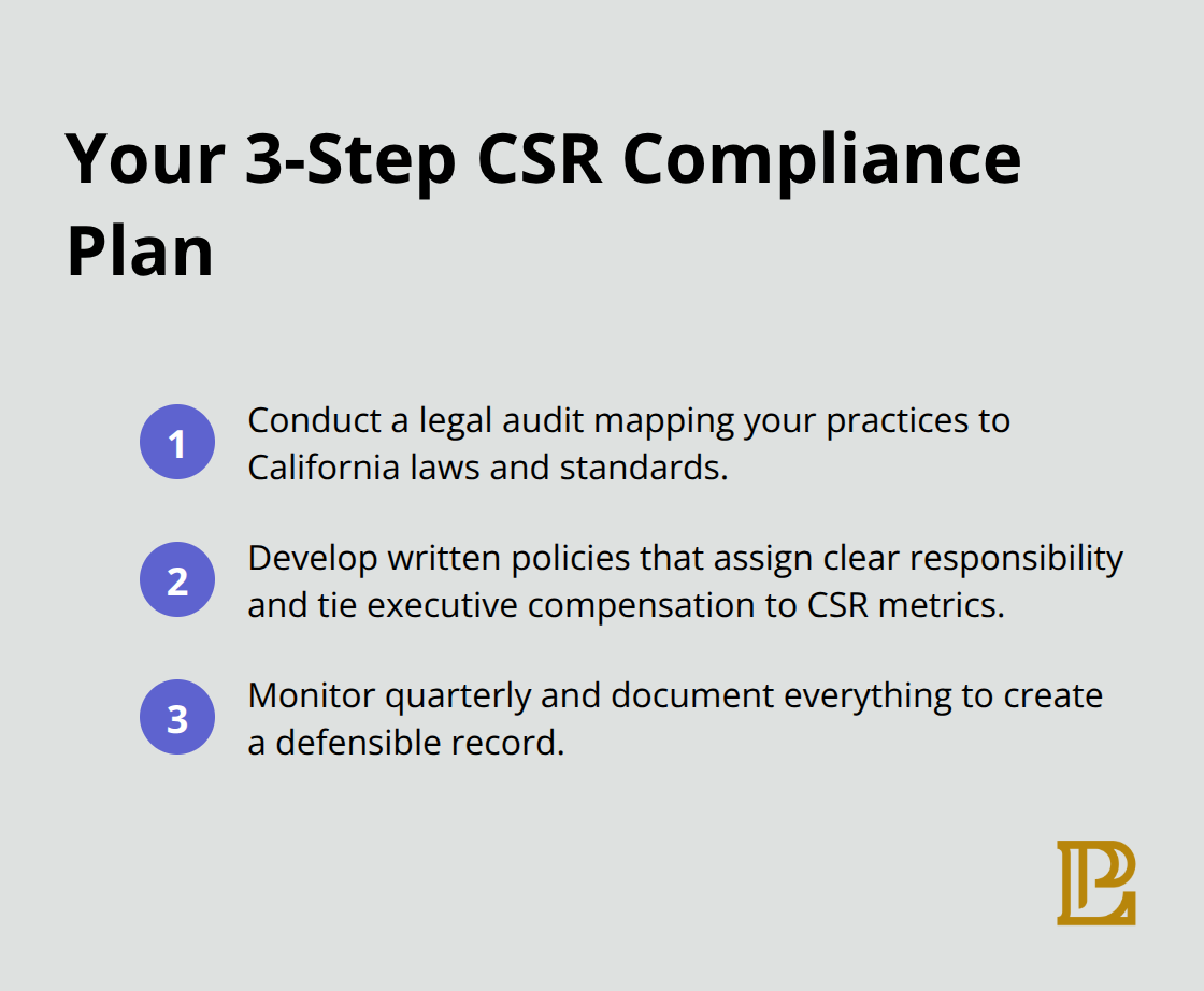 Compact checklist of three steps to build a CSR compliance program - corporate social responsibility and law