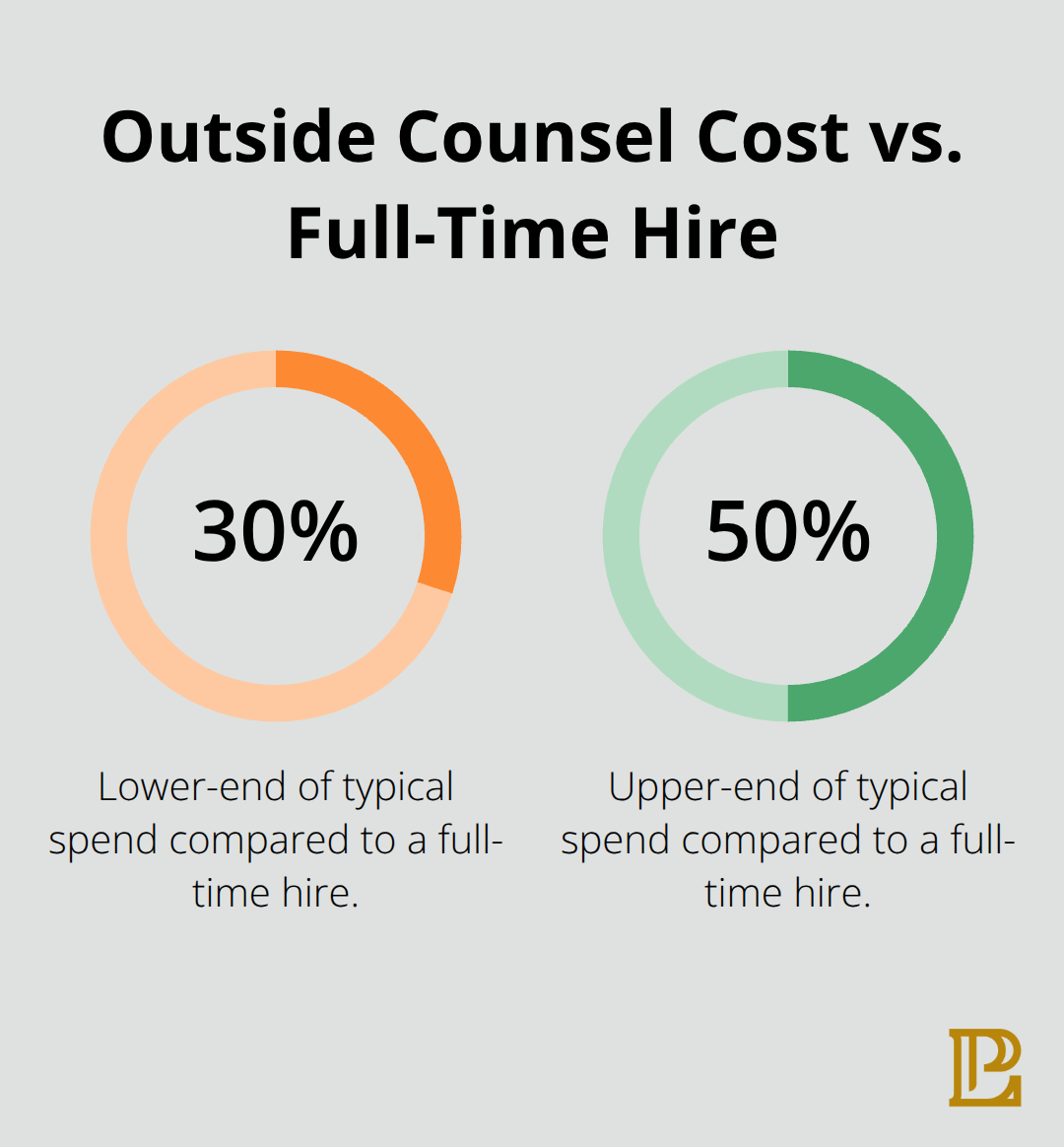 Chart showing that outside general counsel typically costs 30% to 50% of a full-time in-house attorney. - Hermosa Beach corporate counsel