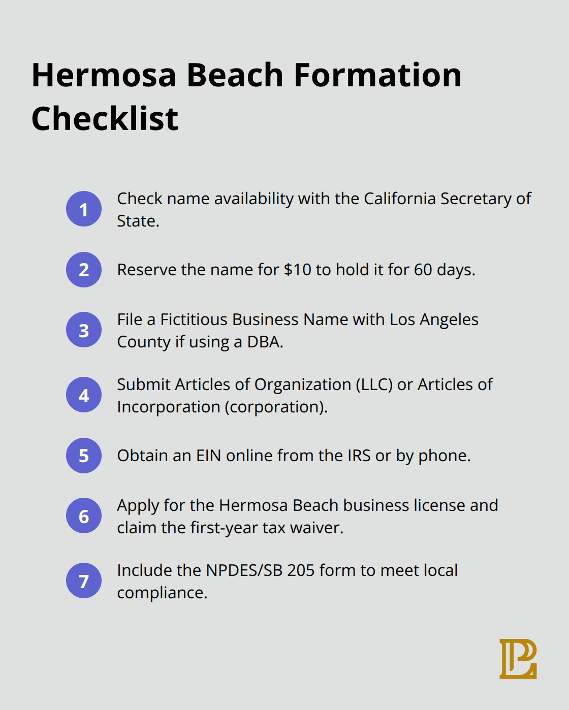 Compact checklist of key steps and filings to start a business in Hermosa Beach, CA. - Hermosa Beach startup formation