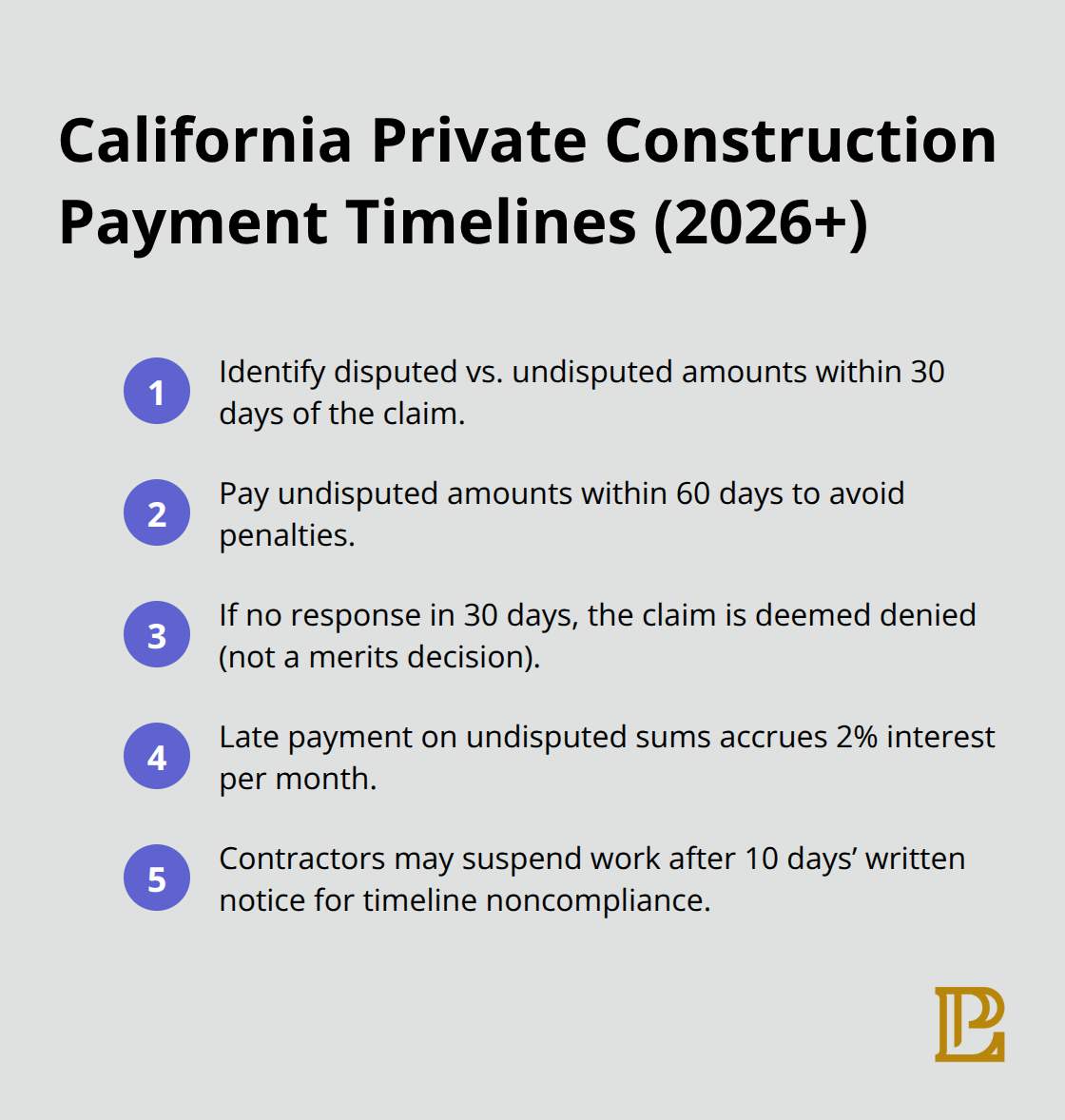 Key deadlines and remedies for California private construction payment claims effective January 1, 2026. - Construction dispute resolution California