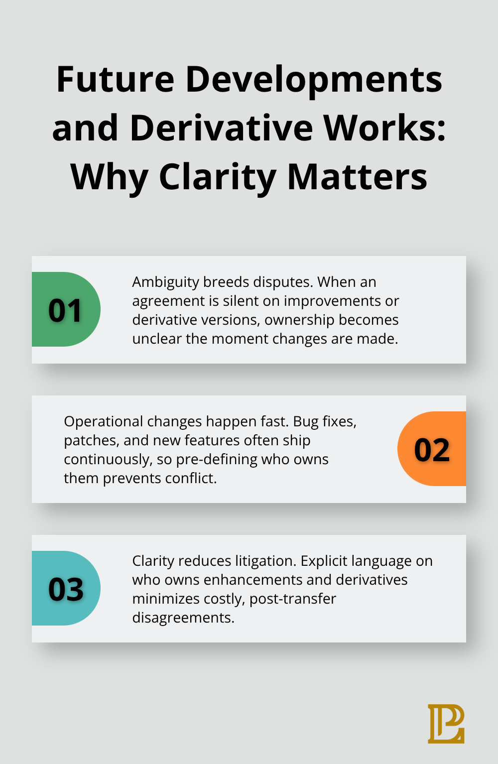 Three key reasons to address future developments and derivative works in IP assignments under California law. - intellectual property assignment agreement