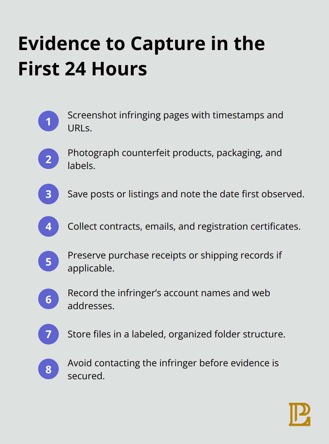 Compact checklist of priority evidence to collect immediately after spotting IP infringement - intellectual property infringement