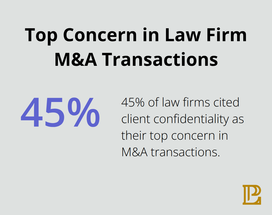 Pie chart showing 45% of law firms cite client confidentiality as their top concern in M&A transactions - law firm mergers and acquisitions