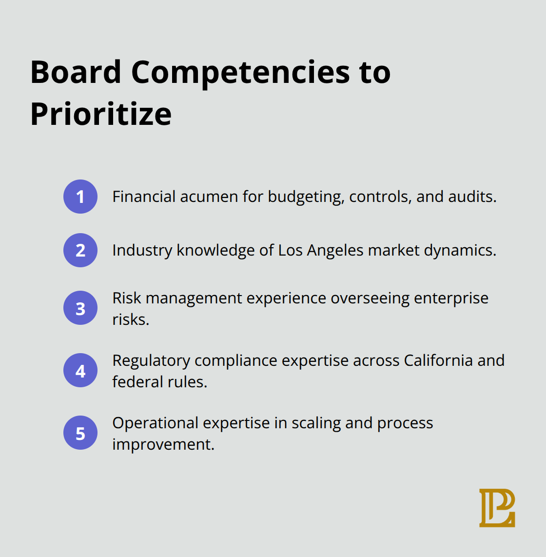 Five core competencies every Los Angeles board should cover to strengthen governance.