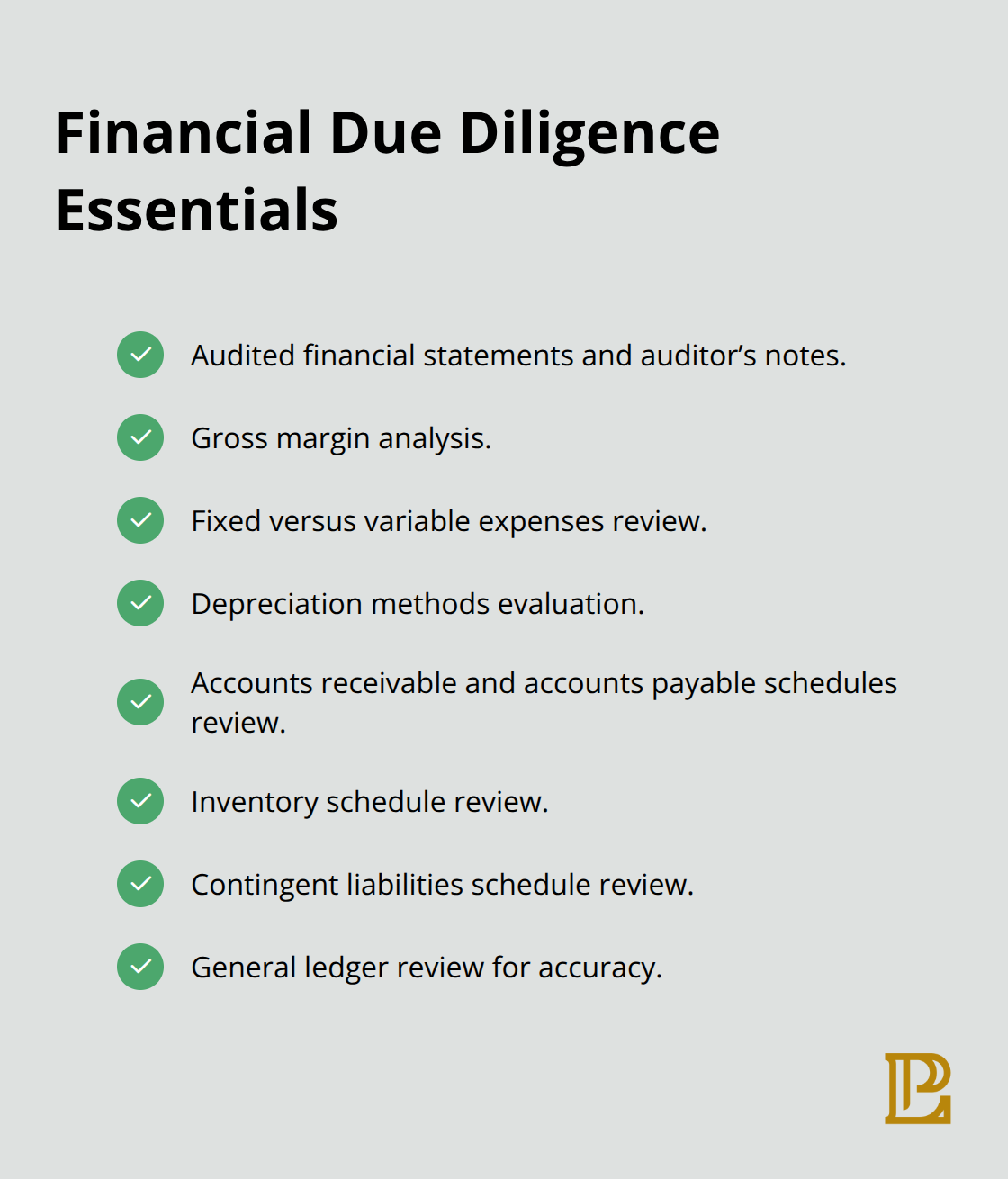 Checklist of critical financial due diligence items for U.S. M&A deals.