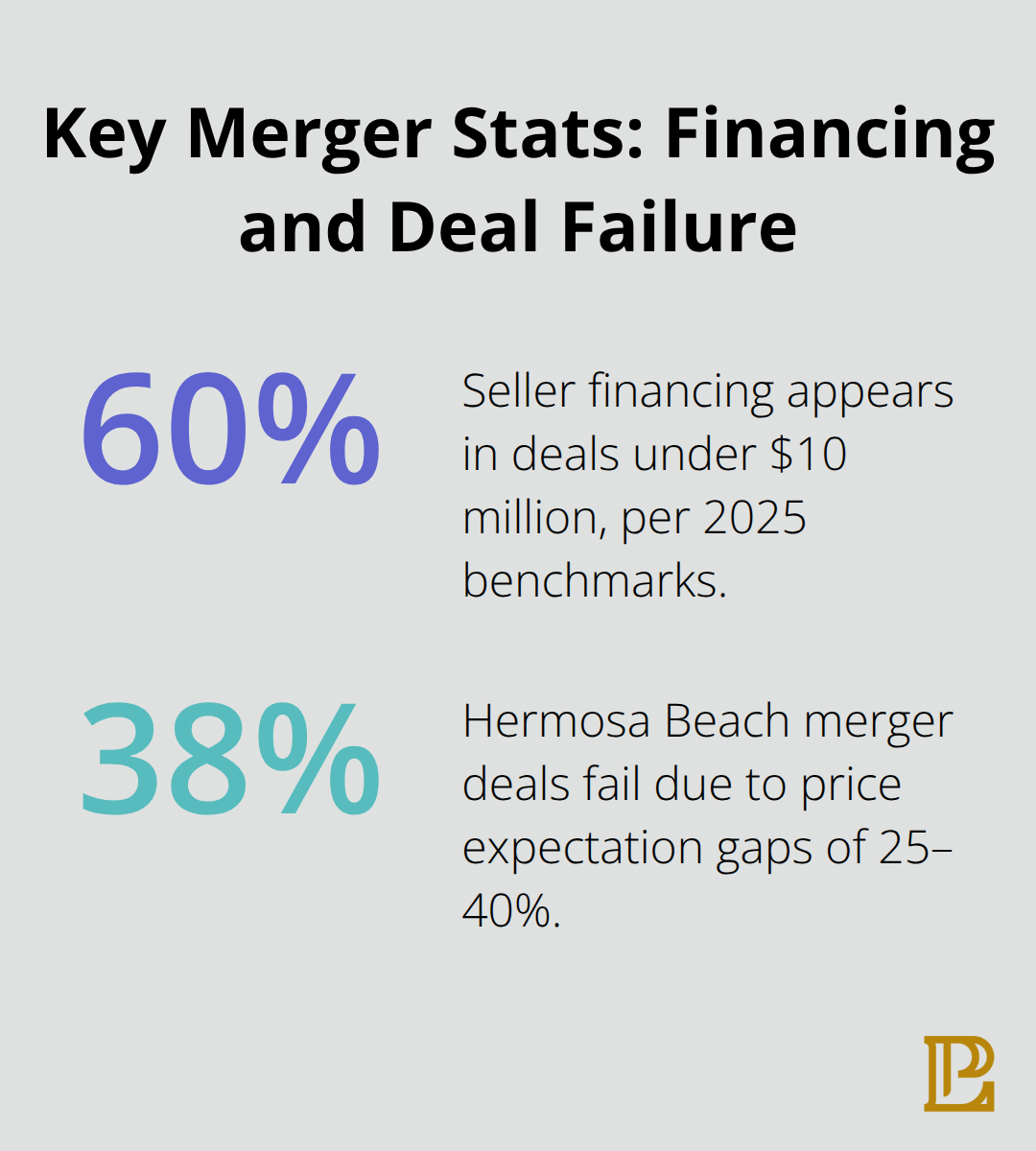 Chart highlighting seller financing prevalence and failure rates due to price gaps. - Mergers agreements California