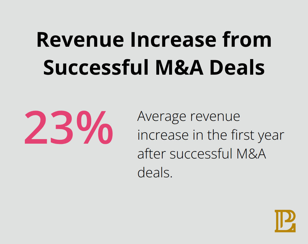 Pie chart showing 23% average revenue increase in the first year after successful M&A deals