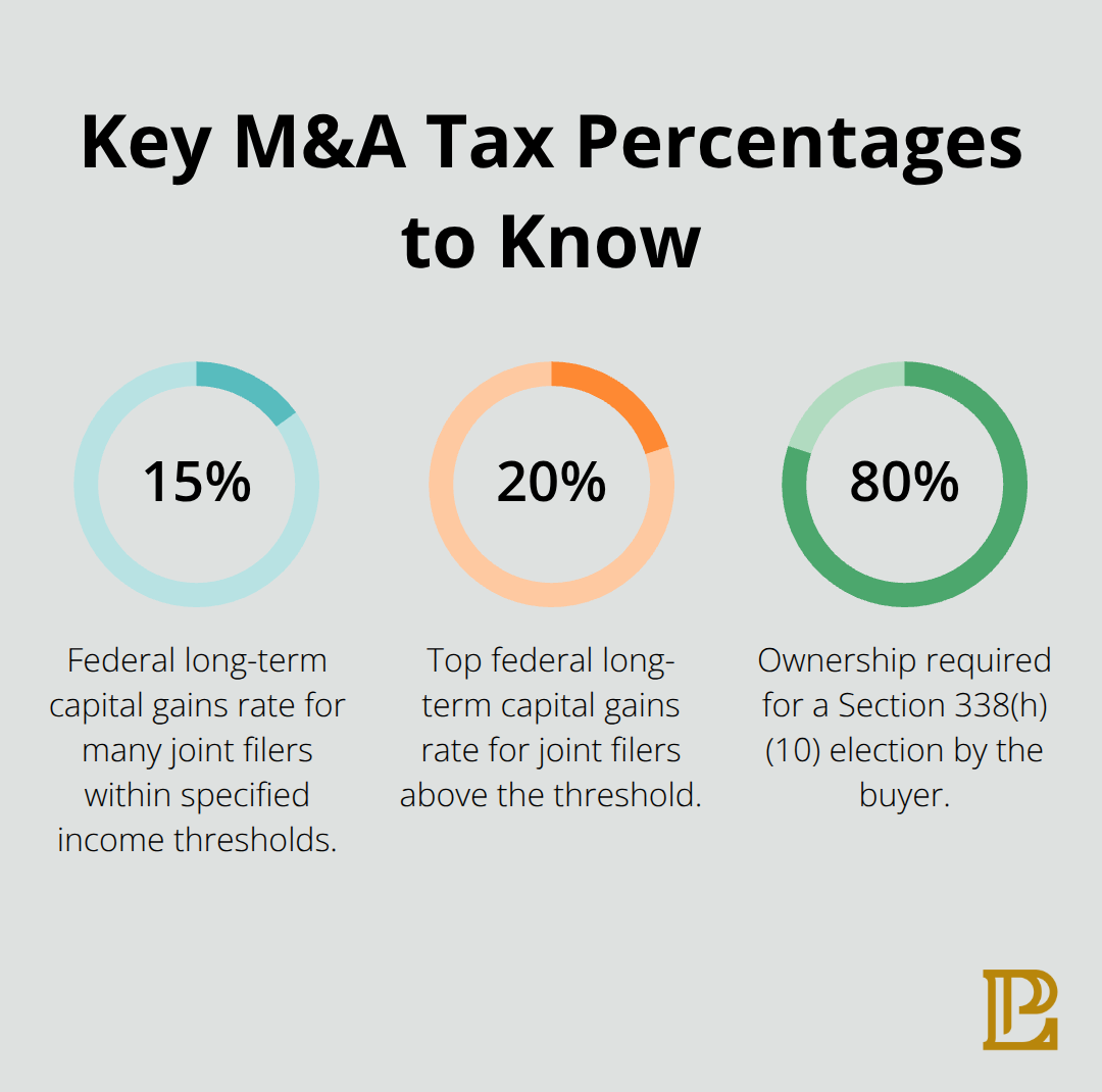 Infographic showing 15% and 20% federal long-term capital gains brackets and the 80% ownership threshold for a 338(h)(10) election - mergers and acquisitions tax