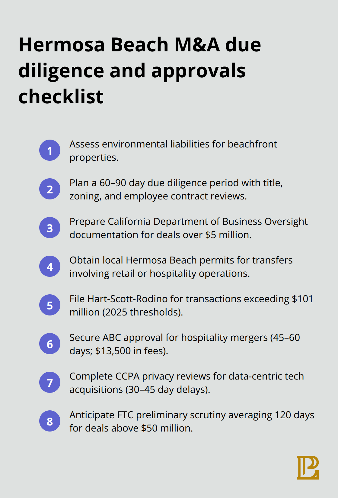 Compact checklist of due diligence steps and regulatory approvals for Hermosa Beach M&A - mergers and acquisitions trends