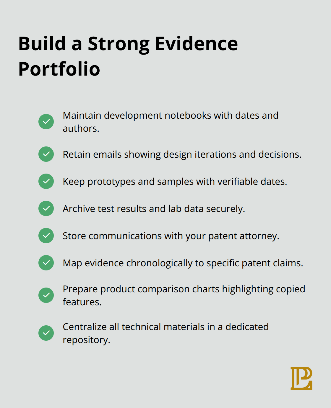 Checklist of essential evidence items to organize for a defensible patent case