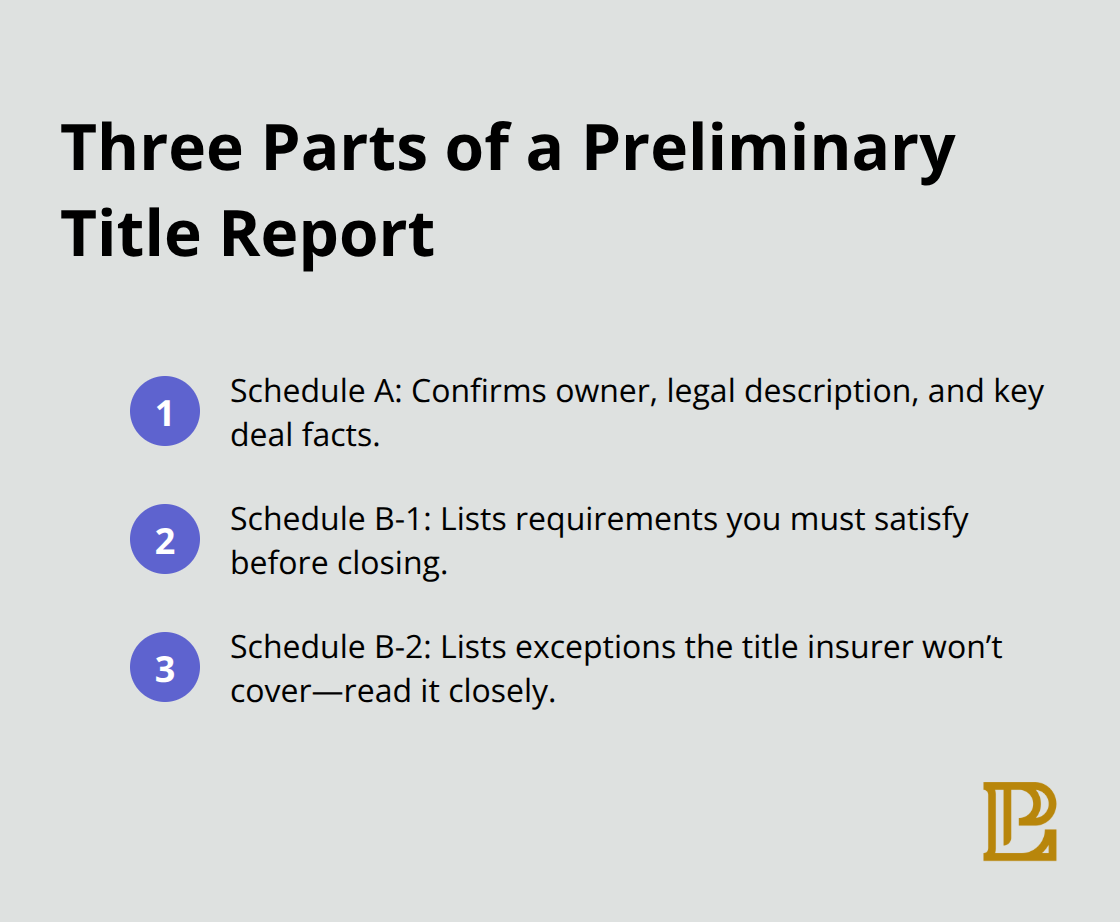 Summary of Schedule A, Schedule B-1, and Schedule B-2 in a preliminary title report.