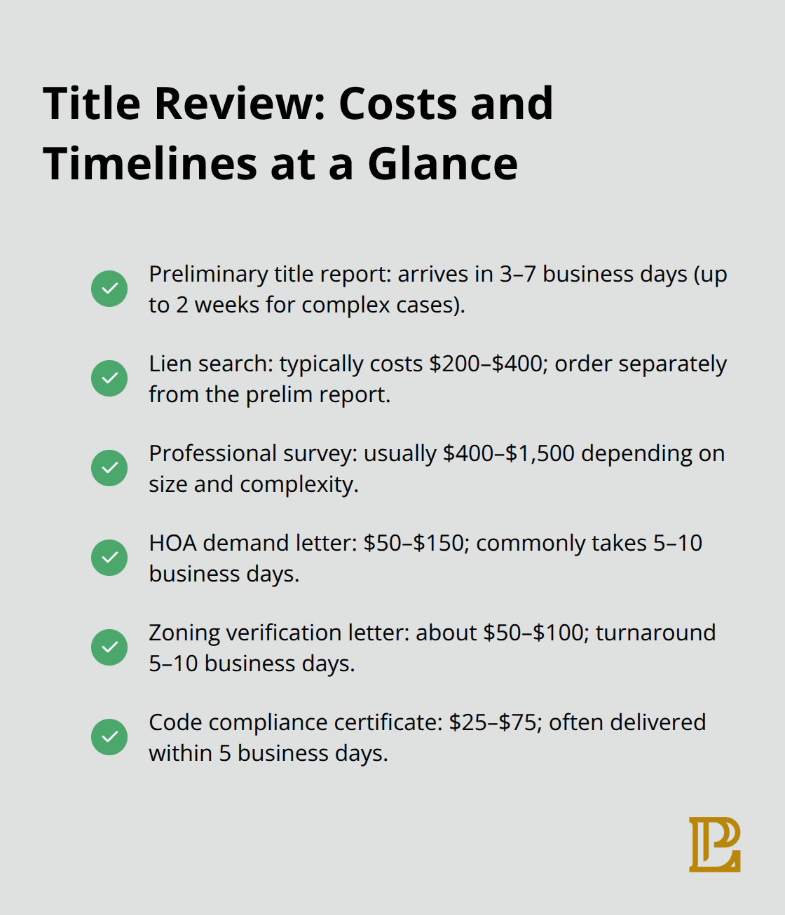Checklist of key title review documents with typical costs and turnaround times. - Property title review California