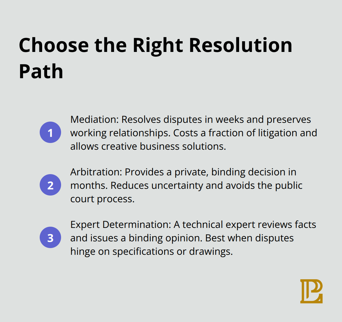 Quick comparison of mediation, arbitration, and expert determination for construction disputes in the U.S. - Subcontractor dispute resolution