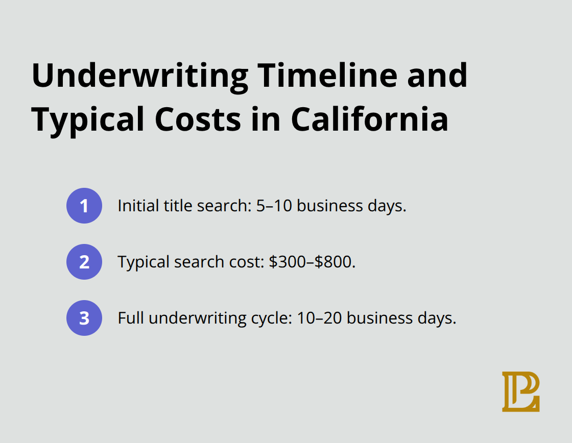 Quick reference for title search duration, costs, and total underwriting timeline
