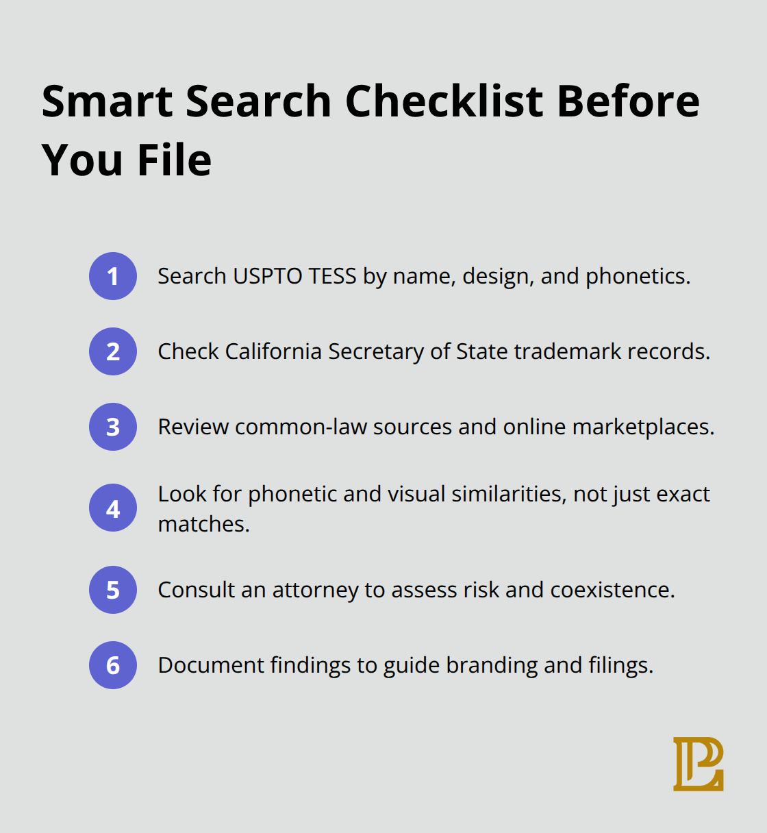 Compact checklist of trademark search steps for U.S. and California filings. - Trademark portfolio management